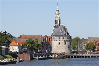 City view of Hoorn from the Markermeer, historic city centre with Hoofdtoren tower, Hoorn, North