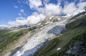 Mountain landscape with glacier Glacier des Bossons and summit of the Aiguille du Midi, Chamonix,