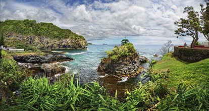 Coastal landscape panorama with rocky cliffs, green grass and dense vegetation, blue water and