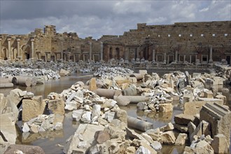 Ancient ruins of Roman forum at Leptis Magna, Lectis Magna, Lepcis Magna in Khoms, Al Khums near