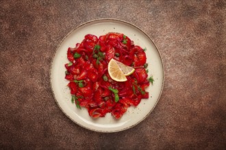 Salmon gravlax with beetroot, Scandinavian snack, beet gravlax, lightly salted fish, homemade, no