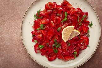 Salmon gravlax with beetroot, Scandinavian snack, beet gravlax, lightly salted fish, homemade, no