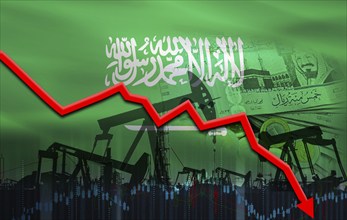 Petrol crisis with Saudi Arabia flag on financial graph. Fall in oil price with the flag of Saudi