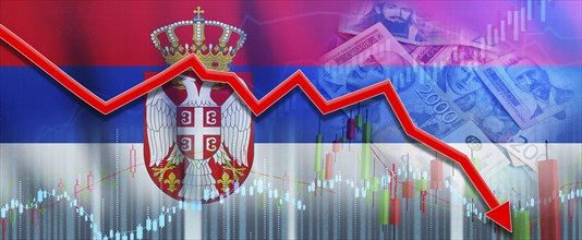 Serbia financial crisis on economic graph. Financial fall of Serbia economy on financial graph