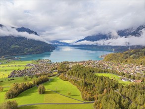 Aerial view of a village on a lake surrounded by a mountain landscape, Lake Brienz, Switzerland,