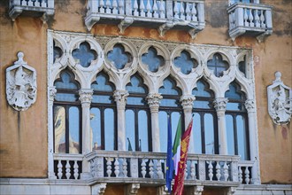 View from 'Canal Grande' on to the Windows in an old house 'Corte di appello di venezia' in Venice