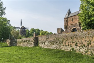 South gate, mill tower and town wall in the town of Zons, Dormagen, Lower Rhine, North