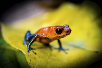 Strawberry frog (Oophaga pumilio) sitting on a yellow leaf, Heredia province, Costa Rica, Central