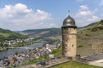 Powder tower, the Moselle and the village of Zell, Rhineland-Palatinate, Germany, Europe