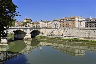 Vittorio Emanuele II Bridge reflected in the Tiber, Rome, Lazio, Central Italy, Italy, Europe