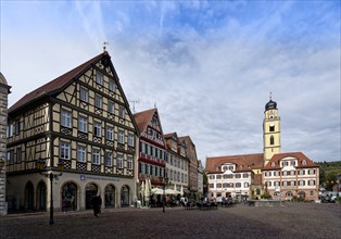 Market square in the old town centre of Bad Mergentheim with historic half-timbered houses and the