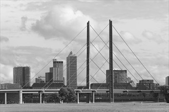 Rhine knee bridge and skyline, cable-stayed bridge from 1969, Düsseldorf, North Rhine-Westphalia,