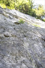 A rope hangs from a rock as a safety device for climbing. Taken in Morsbach, 09.07.2024