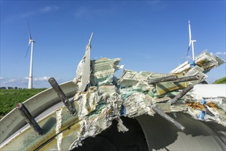 Close-up of a dismantled blade of a 23-year-old wind turbine, it consists of a mix of materials,