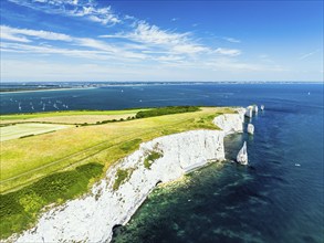 White Cliffs of Old Harry Rocks Jurassic Coast from a drone, Dorset Coast, Poole, England, United