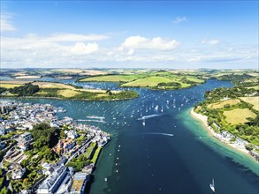 Salcombe and Mill Bay over Kingsbridge Estuary from a drone, Batson Creek, Southpool Creek, Devon,