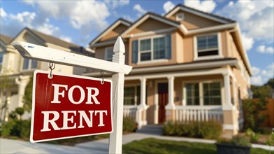 Home for rent real estate sign in front of house. generative AI, AI generated