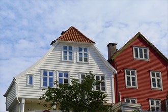 Two wooden houses, one with a white and one with a red wooden facade, under a sky with clouds,