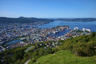 Panoramic view of a coastal town with harbour and a variety of buildings, surrounded by mountains