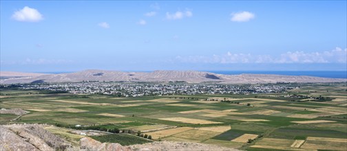 Kyzyl Suu, Kyrgyz village between fields, local view, Issyk Kul region, Kyrgyzstan, Asia