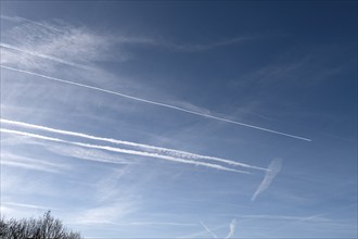 Contrails in the blue sky, Bavaria, Germany, Europe