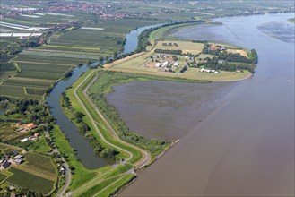 Aerial view, island, Elbe, Elbe island, prison, Hahnöfersand, Borsteler Binnenelbe, Tiede, dyke,