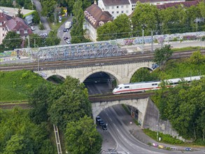 Railway bridges at Nordbahnhof with ICE, infrastructure of Deutsche Bahn AG. Stuttgart. Stuttgart,