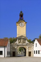 Europe, Germany, Bavaria, Danube, Ingolstadt, New Palace, View to the baroque clock tower, Bavarian