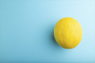 Ripe yellow melon on blue pastel background. Top view, flat lay, copy space. harvest, healthy,