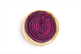 Single sweet tartlet with jelly and milk cream isolated on white background. Top view, close up