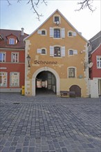 Schranne, building with passageway, inscription, Feuchtwangen, Middle Franconia, Franconia,