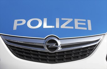 Police logo on a new radio patrol car at the police station in Potsdam on 14/03/16