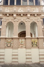 Town hall, coat of arms on the façade, Lemgo, North Rhine-Westphalia, Germany, Europe