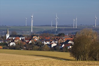 Sintfeld wind farm behind the village of Fürstenberg, Bad Wünnenberg, Paderborn plateau, North