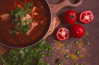 Kharcho soup, traditional Georgian dish, spicy soup, red, homemade, no people