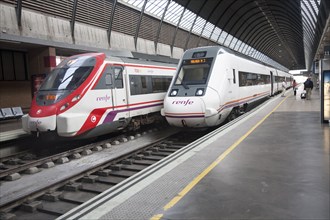 Trains at platform inside María Zambrano railway station Malaga, Spain, Europe