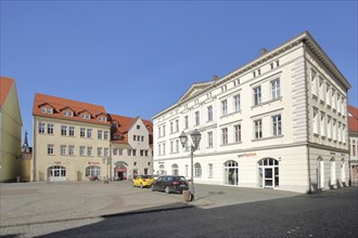 Building with tourist information on the market square, Luther city Eisleben, Harz, Saxony-Anhalt,