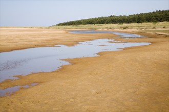 Stream of water flowing across part of Holkham beach, north Norfolk coast, England, United Kingdom,