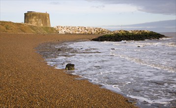 London Clay wave cut platform exposed at low tide on the beach at East Lane, Bawdsey, Suffolk,