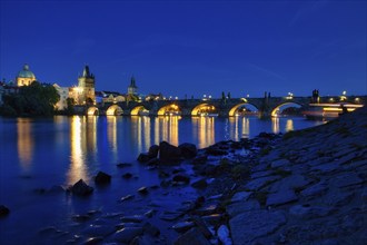 Charles Bridge (Karluv Most) on the Vltava River and Old Town Bridge Tower, at night, Prague, Czech