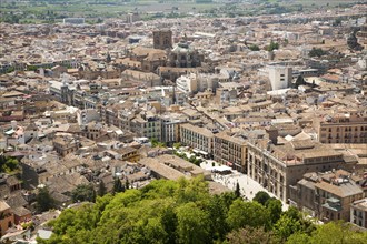 View of city centre and historic Moorish buildings in the Albaicin district of Granada, Spain seen