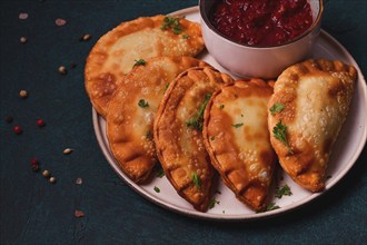 Fried mini pasties, with red sauce, top view, close-up, no people, selective focus