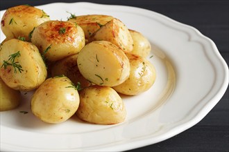 Fresh Cooked, new potatoes, with dill, on a wooden table, selective focus. close-up, toning, no