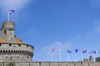 Keep of St Malo Castle, today town hall and museum, flags of St Malo, Brittany, France, Saint Malo,