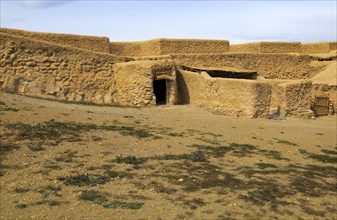 Reconstruction of buildings, Los Millares prehistoric Chalcolithic settlement archaelogical site,