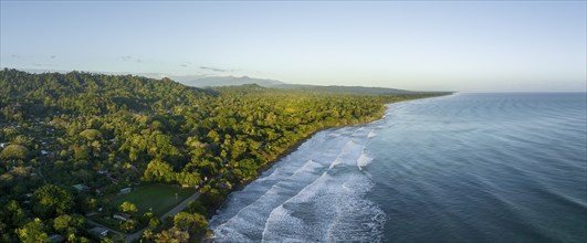 Aerial view, view of Cahuita National Park, coast and coastal landscape with forest, Cahuita,