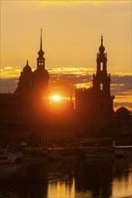 Sunset over Dresden's historic city centre with Ständehaus, Georgentor, Residenzschloss and