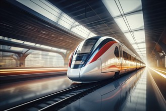 Modern high speed train in a futuristic train station. Modern transportation technology, speed,