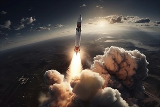 Aerial view of a rocket launch at sunrise sunset over an ocean coast. The rocket is blasting off