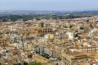 City view with cathedral, sea of houses from above, view from the Alhambra, Granada, Andalusia,